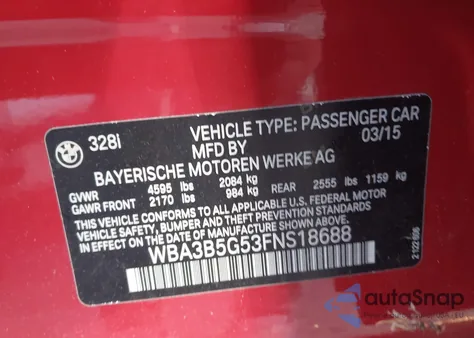 2015 BMW 328 Xi Sulev z USA, uszkodzony, nr VIN WBA3B5G53FNS18688